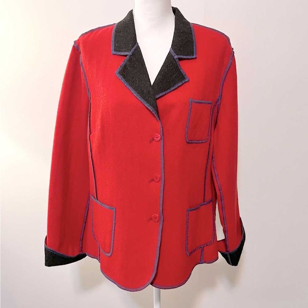 Vintage Barry Bricken Baby Alpaca & Wool Jacket Blazer. Red/Dk Blue Trim. XL
